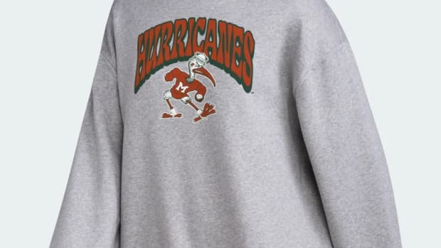 Front view of a grey Miami Hurricanes adidas sweatshirt.